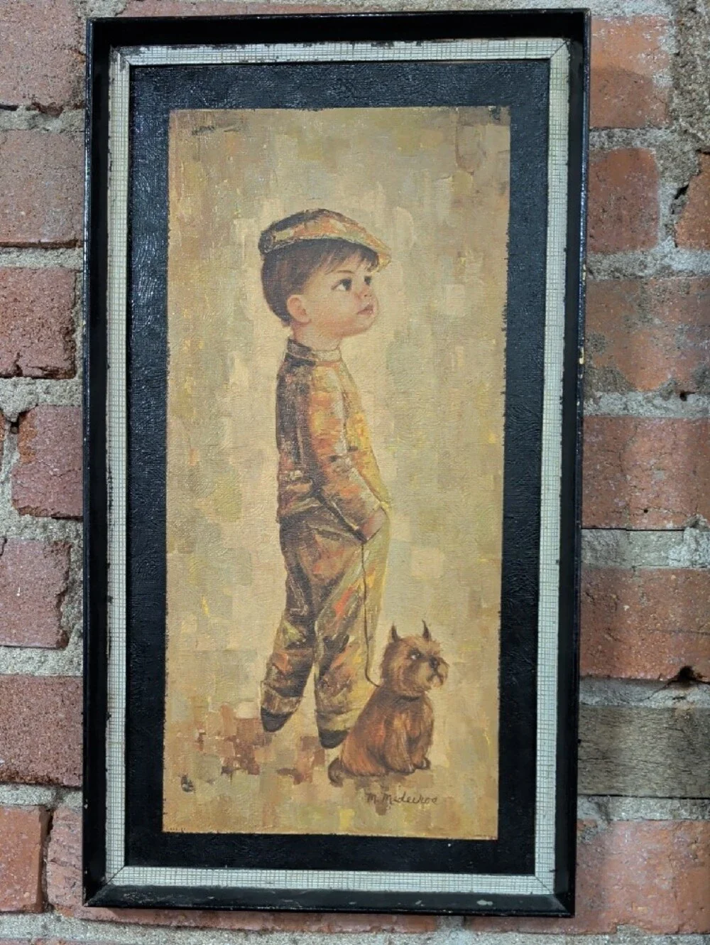 Vintage Style Framed Wall Art Set M  Medeiros Lithograph Children w Pets Dog Cat